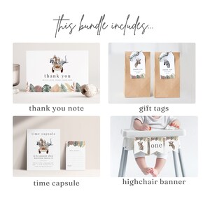 May include: A set of printable party decorations for a first birthday party with a jungle animal theme. The set includes a thank you note, gift tags, a time capsule, and a highchair banner. The decorations feature a watercolor illustration of a safari jeep with animals.