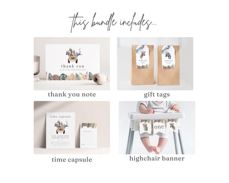 May include: A set of printable party decorations for a first birthday party with a jungle animal theme. The set includes a thank you note, gift tags, a time capsule, and a highchair banner. The decorations feature a watercolor illustration of a safari jeep with animals.