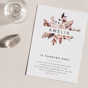 Invitación de cumpleaños boho, invitación de cumpleaños editable, plantilla de invitación de cumpleaños, pluma boho, 1er cumpleañera, cumpleaños floral boho