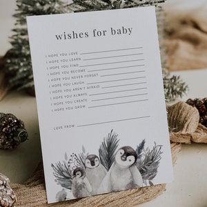 Deseos para plantilla de tarjeta de bebé, Baby Shower de pingüino, Baby Shower de invierno, Baby Shower de niño, Bebé de pingüino de invierno, Deseos imprimibles para tarjeta de bebé