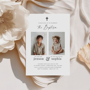 May include: A white baptism invitation with a cross at the top. The invitation says "Please join us to celebrate The Baptism of our son Jenson & our daughter Sophia." The invitation also includes a photo of a boy and a girl. The text below the photos says "Saturday 28th July 2024 at 3PM St Peters Church, Leamington Spa, LM3 4KG with a lunch at Willow Barn afterwards RSVP to George 09247 927 175."