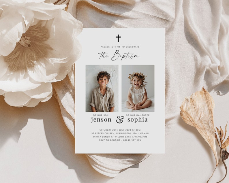 May include: A white baptism invitation with a cross at the top. The invitation says "Please join us to celebrate The Baptism of our son Jenson & our daughter Sophia." The invitation also includes a photo of a boy and a girl. The text below the photos says "Saturday 28th July 2024 at 3PM St Peters Church, Leamington Spa, LM3 4KG with a lunch at Willow Barn afterwards RSVP to George 09247 927 175."