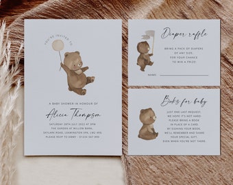 Zestaw zaproszeń na baby shower Bear, szablon zaproszenia na baby shower, prysznic neutralny pod względem płci, baby shower Teddy, zestaw na baby shower do wydrukowania
