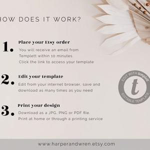 May include: How to use an Etsy template: 1. Place your order, 2. Edit your template, 3. Print your design. Download as a JPG, PNG or PDF file. Print at home or through a printing service. Edit with Templett. Editable template.