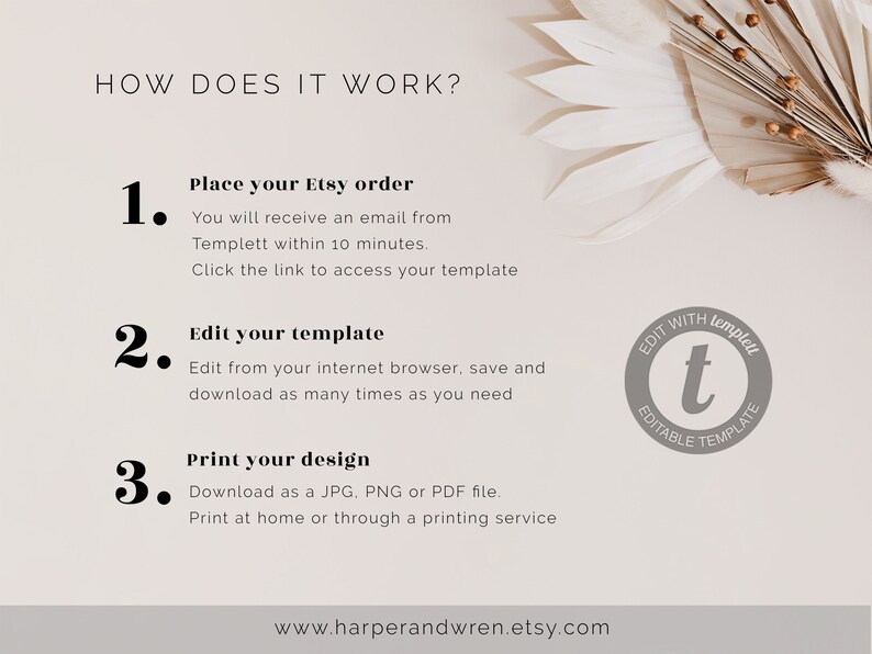 May include: How to use an Etsy template: 1. Place your order, 2. Edit your template, 3. Print your design. Download as a JPG, PNG or PDF file. Print at home or through a printing service. Edit with Templett. Editable template.