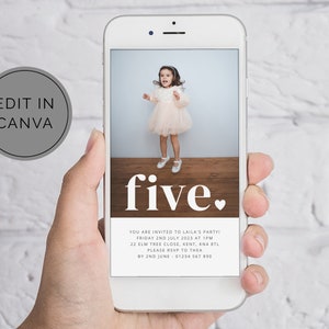 Five Birthday Evite, Canva Template Evite, 5th Birthday Evite Heart, Photo Invite, 5th Birthday Invite, Five Evite, Fifth Birthday Evite