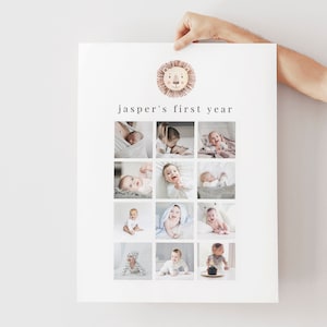 Cartel del primer año de los bebés, primer cumpleaños del león, primer cumpleaños de Safari, collage de fotos de cumpleaños, boho de hoja de león, plantilla de póster imprimible del primer año
