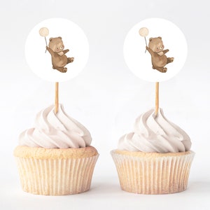 Sjabloon voor cupcake-toppers | Beer ballon Cupcake Toppers | Teddyberen picknick | Beary 1e verjaardag Cupcake | Afdrukbare beer cupcake toppers