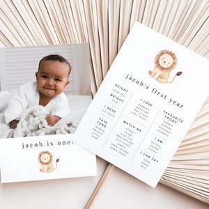 Modèle de carte d'étape importante Lion, 1er anniversaire de Lion, impression de mini étape importante, étape importante modifiable, safari premier anniversaire, carte d'étape imprimable