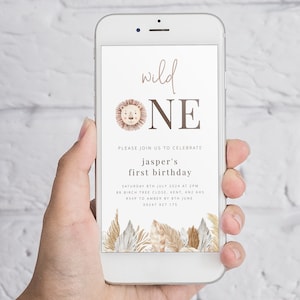 Wild One Birthday Evite, Wild One Einladung, Lion Invite, Safari Geburtstagseinladung, 1. Geburtstag Löwe, Text Message Einladung