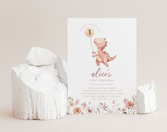Faire-part d'anniversaire dinosaure rose, modèle d'invitation 1er anniversaire, premier anniversaire de dinosaure, 1er anniversaire de fille, dinosaure floral, invitation imprimable