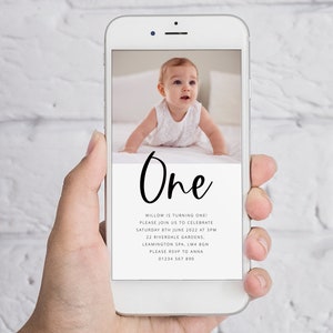 Editable Birthday Evite, Photo Invite, 1st Birthday Invite, Modern First Birthday, One Evite, Text Invitation, Digital SMS Invitation