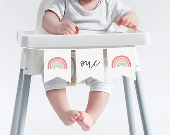 Editable Highchair Banner | Rainbow Bunting | Rainbow First Birthday | Boho Rainbow Party | Highchair Garland | Printable Bunting Flags