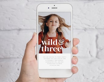 Wild and Three Birthday Evite, Photo Invite, 3rd Birthday Boy, Wild and Three Party, Third Birthday Invitation, 3rd Birthday Boy Invite
