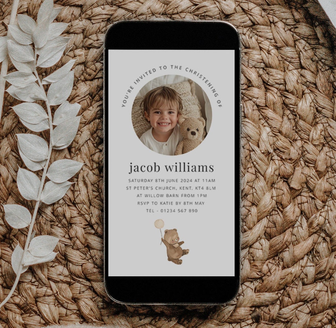 Christening Bear Evite, Baptism Invitation, Bear Text Invitation, Bear