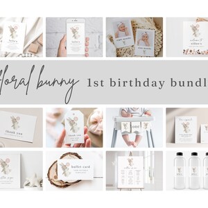 1st Birthday Floral Bunny Bundle, Printable Birthday Templates, Somebunny is One, 1st Birthday Girl, Editable Birthday Party Templates
