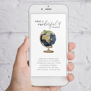 ONEderful World verjaardag Evite, Globe verjaardagsuitnodiging, ONEderful World Evite, SMS uitnodigen, tekstbericht uitnodiging, 1e verjaardag Evite