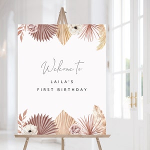 Birthday Welcome Sign Template, Editable sign, Boho Floral Welcome Sign, Boho Birthday, 1st Birthday Pampas, Printable Welcome Sign