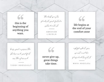 Peut inclure: Six citations inspirantes sur des cartes blanches avec du texte noir. Les citations sont : "C'est le début de tout ce que vous voulez.", "La meilleure façon de prédire votre avenir est de le créer.", "La vie commence à la fin de votre zone de confort.", "Gardez les yeux sur les étoiles et les pieds sur terre.", "N'abandonnez jamais, les grandes choses prennent du temps.", "Demandez ce que vous voulez et soyez prêt à l'obtenir."