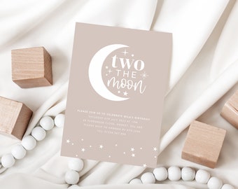 Two The Moon Invite Template, Blush Moon Stars Invitation, Printable Birthday Invitation, 2nd Birthday Invite, Printable Birthday Invitation