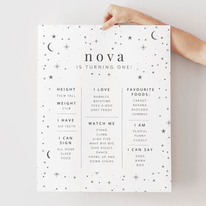 May include: A white poster with a black star and crescent moon pattern. The text "nova is turning one!" is at the top of the poster. The poster lists the child's height, weight, favourite foods, what they can do, and what they can say.