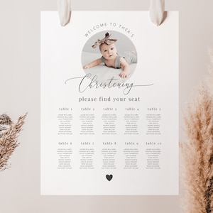 Doop zitplaatsen plan sjabloon, meisje doop zitplaatsen grafiek, foto doop teken, baby meisje doop, afdrukbare welkomstposter