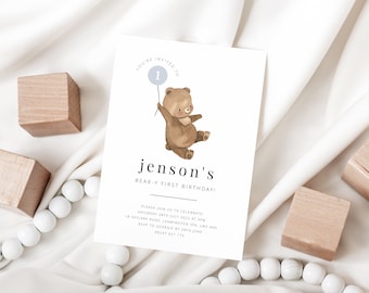 Modelo de convite de aniversário de urso, menino de primeiro aniversário, cor de balão editável, primeiro aniversário de Beary, balões de urso, convite de aniversário para impressão