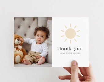 Thank You Card Template, Photo Thank You Note, Sunshine Thank You, Sun 1st Birthday, First Birthday Sunshine, Printable thank you card