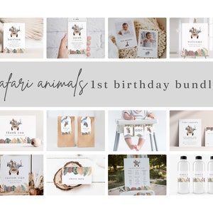 May include: A set of printable safari animal themed first birthday party decorations. The set includes invitations, thank you cards, welcome sign, time capsule, custom sign, cherry tart cards, water bottle labels, and a high chair banner. The decorations feature a cute safari animal design with an elephant, giraffe, lion, and zebra.