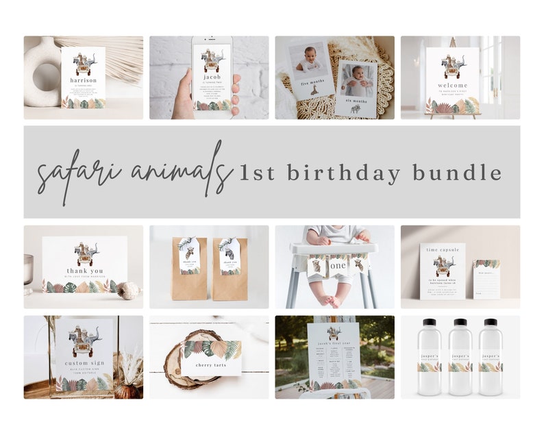 May include: A set of printable safari animal themed first birthday party decorations. The set includes invitations, thank you cards, welcome sign, time capsule, custom sign, cherry tart cards, water bottle labels, and a high chair banner. The decorations feature a cute safari animal design with an elephant, giraffe, lion, and zebra.