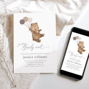 We Can Bearly Wait Invitation and Evite, Bear Baby Shower Invitation, Teddy Bear Baby Shower, Bear Invitation Template, Baby Shower Invite