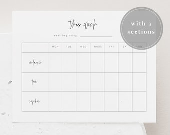 Editable Weekly Planner | With 3 Sections | Undated Calendar | Minimalist Planner | Wall Calendar | Printable Week Planner