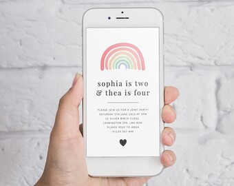 Editable Joint Birthday Evite, Pastel Rainbow, Joint Invitation, Rainbow Birthday, Rainbow Invite, Rainbow Birthday Party, Boho Rainbow