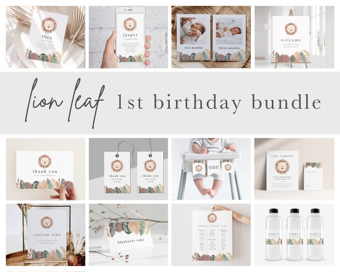 1st Birthday Lion Bundle, Printable Birthday Templates, First Birthday ...