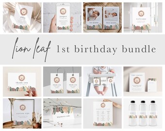 1st Birthday Lion Bundle, Printable Birthday Templates, First Birthday Safari, 1st Birthday, Editable Birthday Party Template