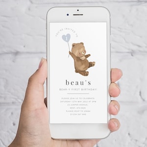Bear Heart Balloon Evite, Teddy Bears Picnic Invite, 1st Birthday Boy, Beary First Birthday, Teddy Bear Invitation