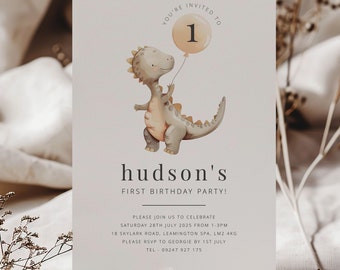 Dinosaur Birthday invitation Template, Dino First Birthday, 1st Birthday Boy, Watercolour Dinosaur Invite, Printable Birthday invite