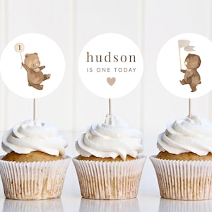 Plantilla de topper de cupcake, toppers de cupcake de globos de oso, picnic de osos de peluche, cupcake de 1er cumpleaños de Beary, toppers de cupcake de oso imprimibles