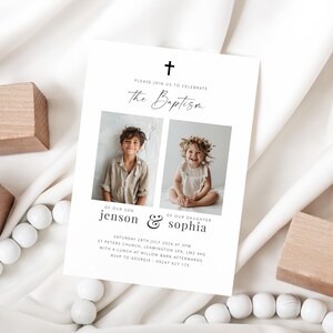 May include: A white baptism invitation with a black cross at the top. The invitation says "Please join us to celebrate the Baptism of our son Jenson & our daughter Sophia." The invitation also includes the date, time, and location of the baptism, as well as the RSVP information.