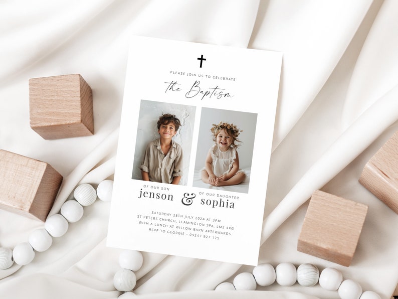 May include: A white baptism invitation with a black cross at the top. The invitation says "Please join us to celebrate the Baptism of our son Jenson & our daughter Sophia." The invitation also includes the date, time, and location of the baptism, as well as the RSVP information.