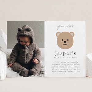 Bear Birthday Invitation Template, First Birthday, Teddy Bear Photo Invitation, 1st Birthday, Beary First Birthday, Printable Invite