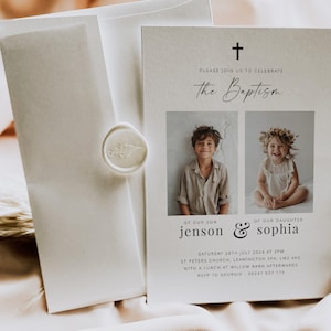 May include: White invitation card with a cross at the top and the text "Please join us to celebrate The Baptism of our son Jenson & our daughter Sophia". The card has two photos of children, one boy and one girl, and the text "Saturday 28th July 2024 at 3pm St Peters Church, Leamington Spa, LM2 4KG with a lunch at Willow Barn afterwards RSVP to Georgie - 09247 927 175".