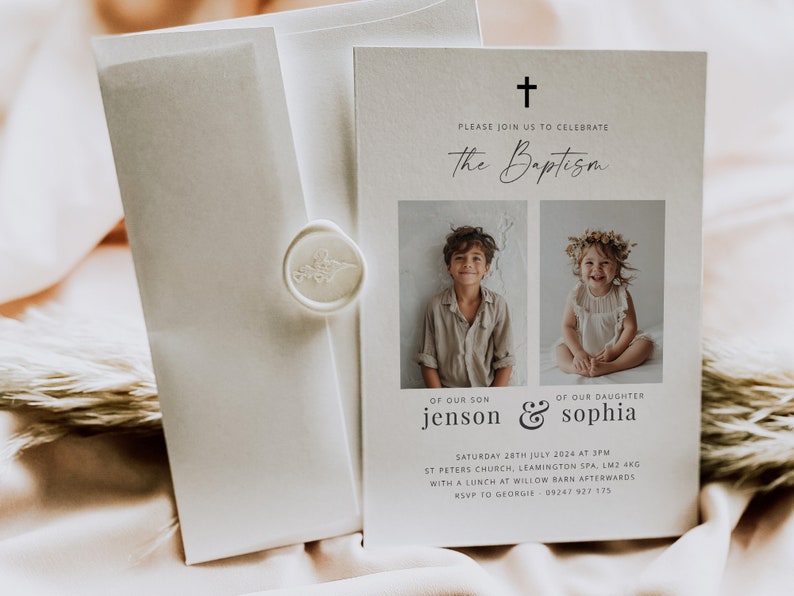 May include: White invitation card with a cross at the top and the text "Please join us to celebrate The Baptism of our son Jenson & our daughter Sophia". The card has two photos of children, one boy and one girl, and the text "Saturday 28th July 2024 at 3pm St Peters Church, Leamington Spa, LM2 4KG with a lunch at Willow Barn afterwards RSVP to Georgie - 09247 927 175".