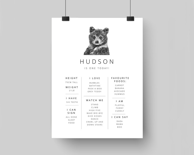 May include: Black and white illustration of a baby bear with the name Hudson and details about the baby's height, weight, favorite foods, and activities. The text reads "Hudson is one today!"
