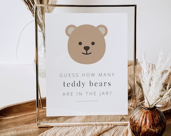 Zgadnij ile misiów jest w słoiku, gra na baby shower, edytowalny znak, baby shower misia, pierwsze urodziny misia, gry na baby shower do wydrukowania