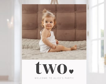 Mall för välkomstskylt för 2-årsdag, 2-årsfödelsedagsflicka, välkomstskylt med foto, välkomstaffisch för födelsedagsfest, hjärta för två födelsedagar, utskrivbar skylt