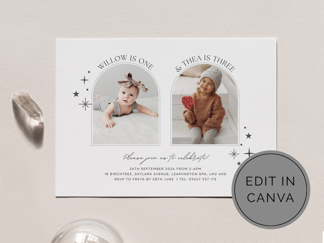 Joint Birthday Invitation Template, Arched Photo Birthday Invite, Joint