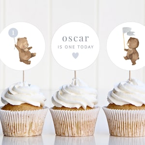 Cupcake Topper Vorlage, Bär Blauer Ballon, Cupcake Toppers, Teddybären Picknick, Bären 1.Geburtstag Cupcake, druckbare Cupcake Topper