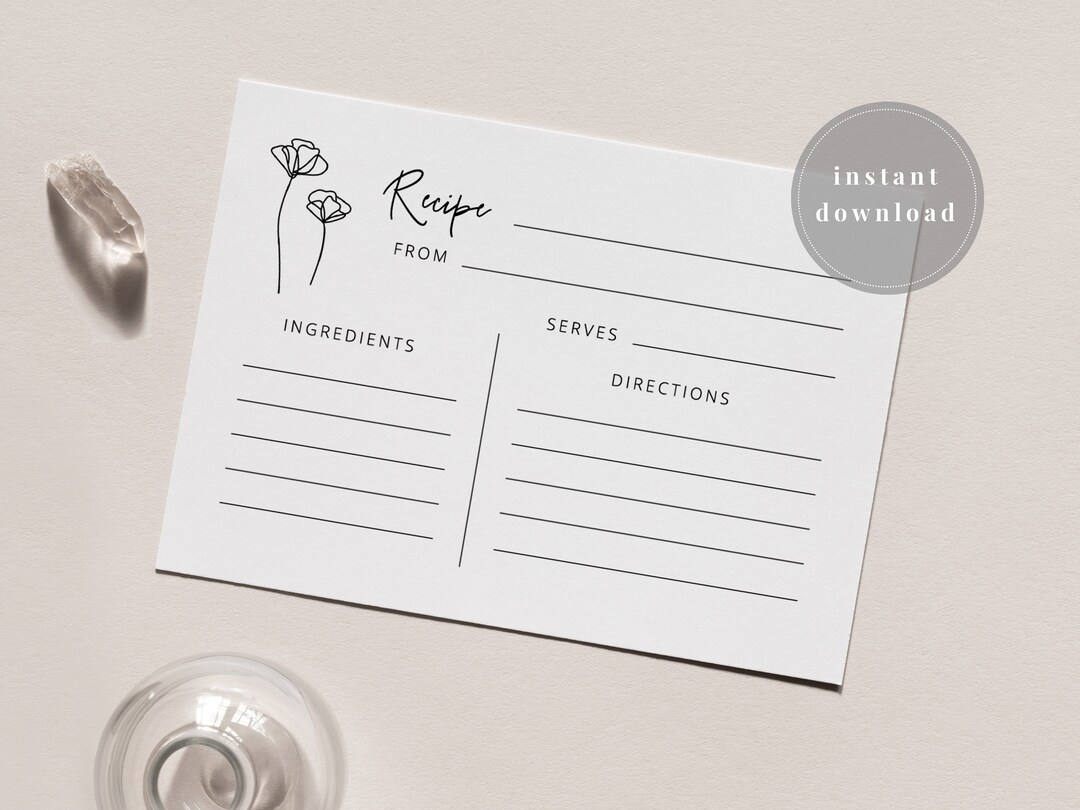 Floral Recipe Card | Modern Recipe Card | Minimal Recipe Card | Bridal ...