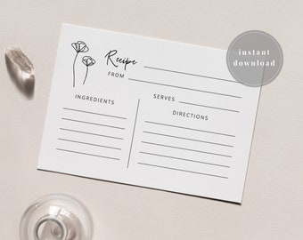 Floral Recipe Card | Modern Recipe Card | Minimal Recipe Card | Bridal Shower Recipe Card | Recipe Card Template | Printable Recipe Card